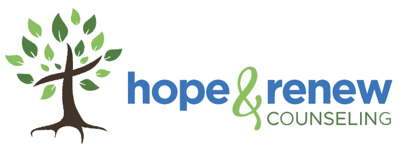 Logo for "Hope & Renew Counseling" featuring a stylized tree with green leaves and a brown trunk, next to the words “hope & renew COUNSELING” in blue and green text.